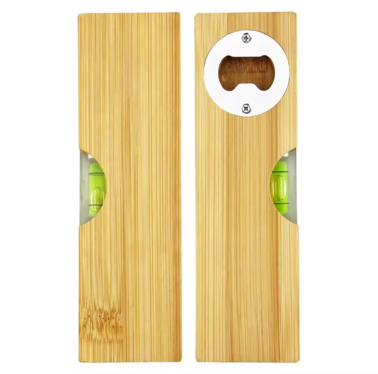 Bamboo Spirit Leveller with a stainless steel bottle opener