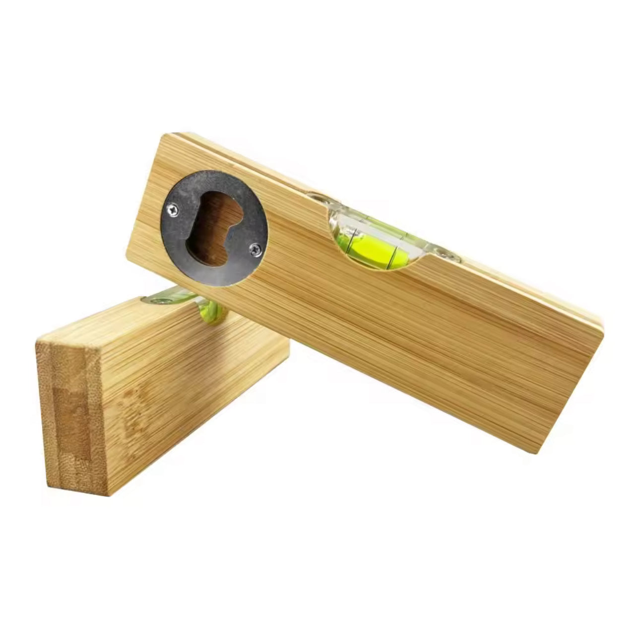 Bamboo Spirit Leveller with a stainless steel bottle opener