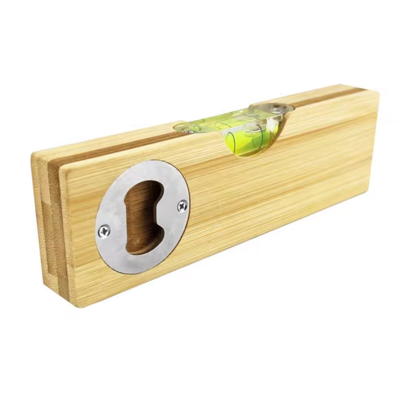 Bamboo Spirit Leveller with a stainless steel bottle opener