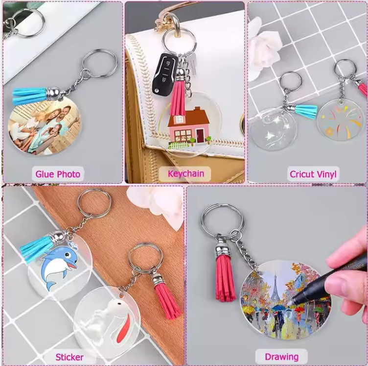 Clear Acrylic Disc 5cm with Suede Tassel KeyChain