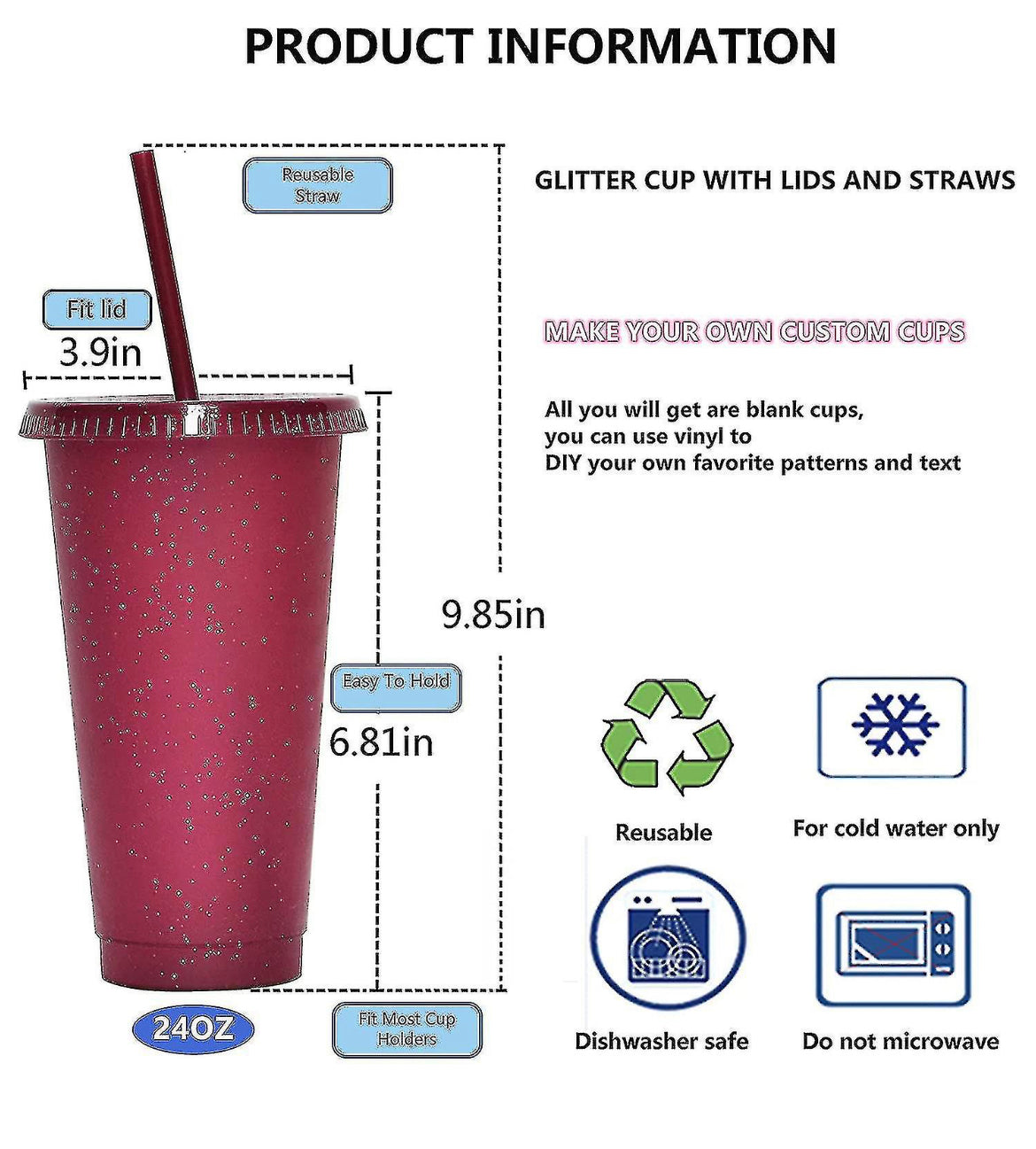 Glitter Cold Cup - With Lid and Straw 24oz - Multiple Colours